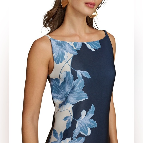Donna Karan Boat Neck Sleeveless Sheath Navy & Cream Floral Midi Nightfall Dress - Picture 3 of 9